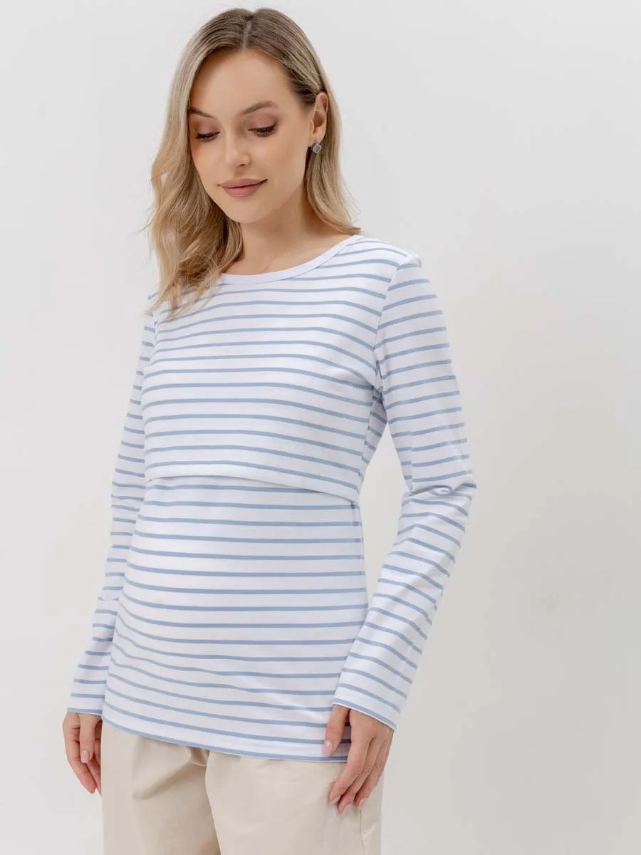 Лонгслив для беременных и кормящих джемпер в офис белый/голубой