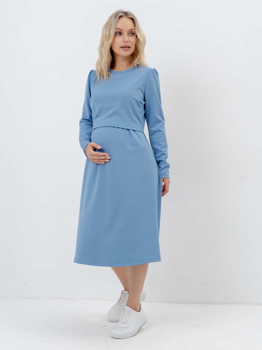Платье для беременных и кормящих с длинным рукавом в офис голубой