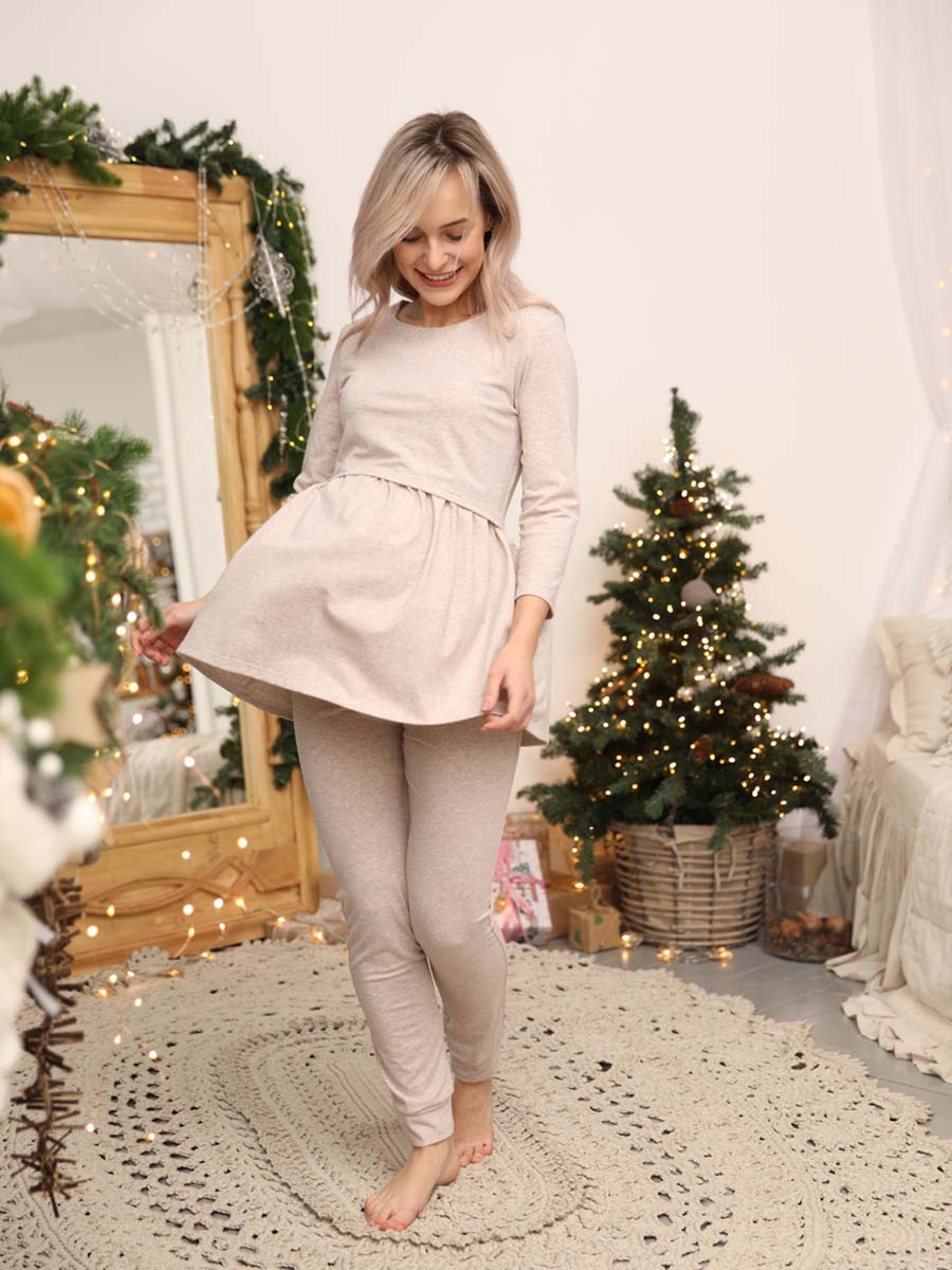 Костюм для беременных и кормящих 10728 брюки с туникой бежевый_меланж