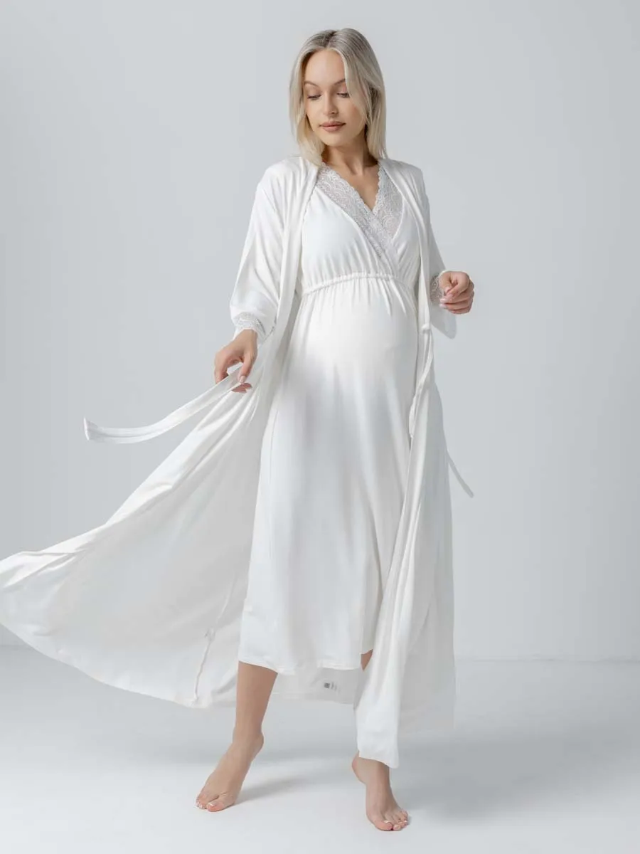 Костюм для беременных халат и сорочка в роддом для кормящих молочный