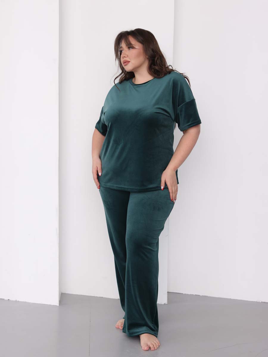 Костюм домашний женский велюровый с брюками палаццо изумрудный/зеленый