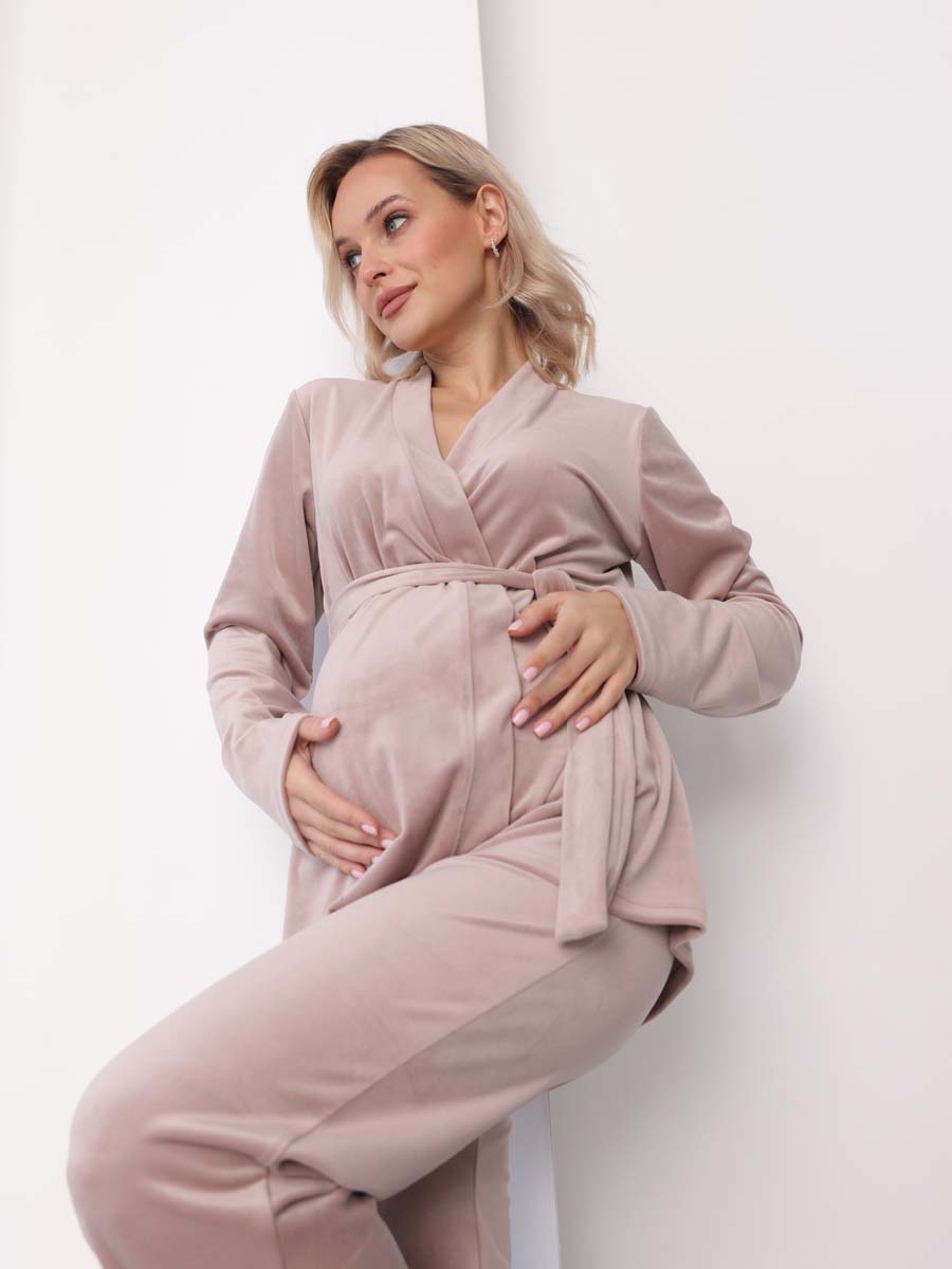 Домашний велюровый костюм с брюками осень зима бежевый/пудровый