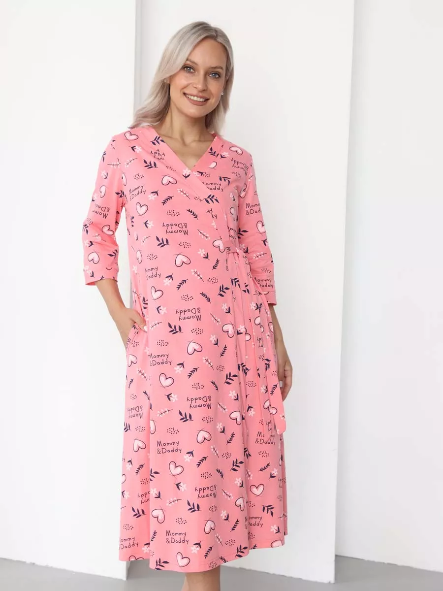 Халат и сорочка для беременных и кормящих в роддом костюм коралловый/белый