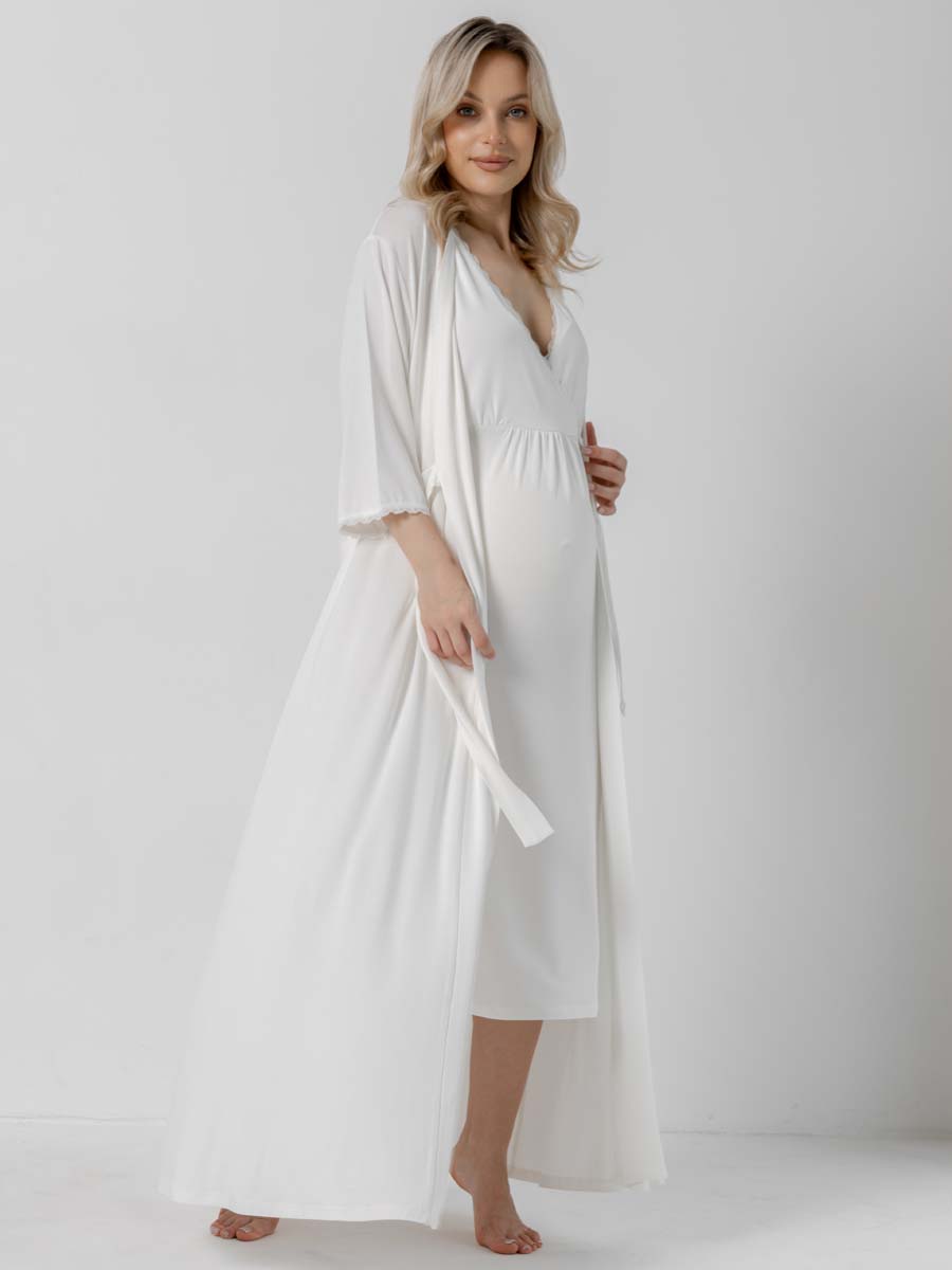 Костюм для беременных халат и сорочка в роддом для кормящих молочный