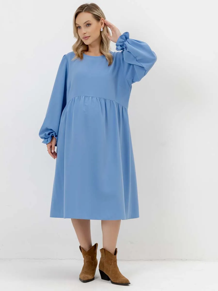 Платье для беременных с длинным рукавом в офис голубой темный