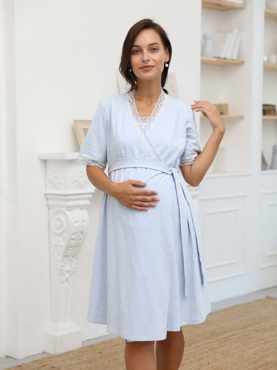 Пеньюар для беременных и кормящих 05328 халат с сорочкой голубой_меланж