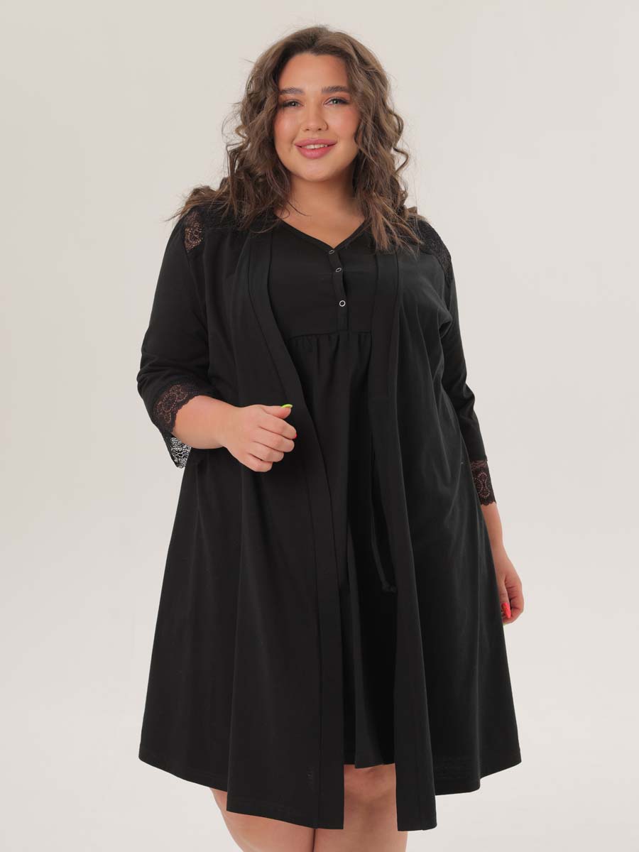 Комплект халат с сорочкой большие размеры костюм в роддом черный