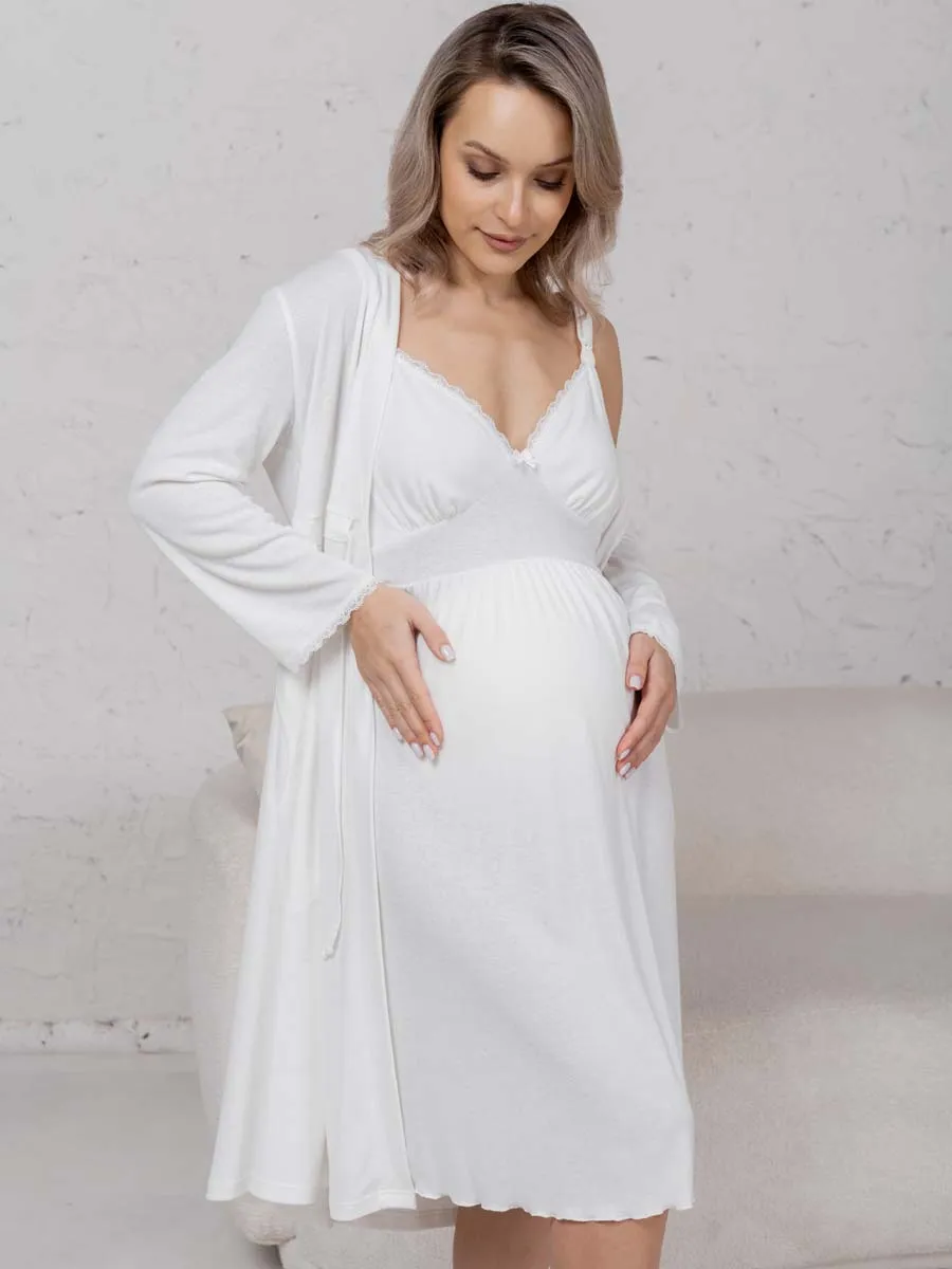 Халат с сорочкой для беременных и кормящих молочный