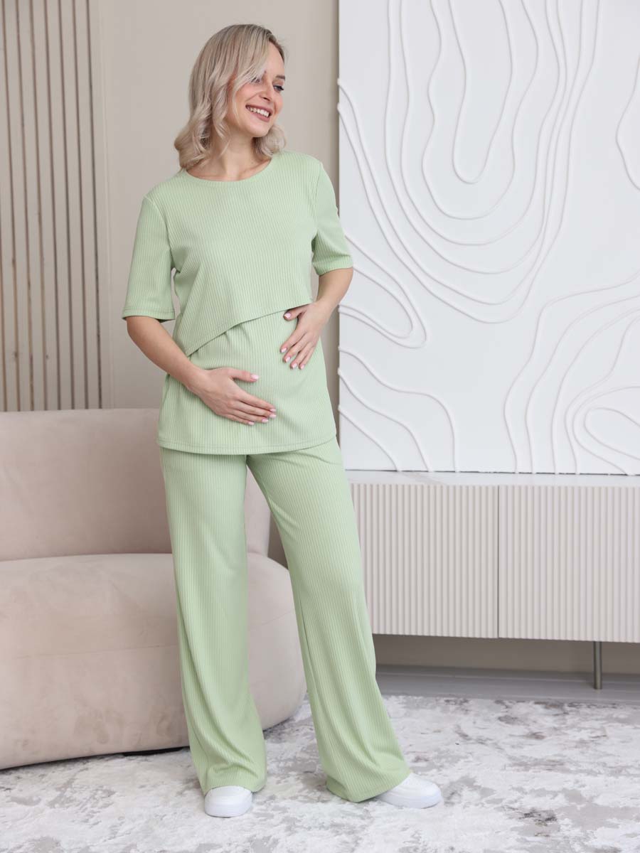 Костюм лапша летний брючный для беременных и кормящих 14132 фисташковый/оливковый