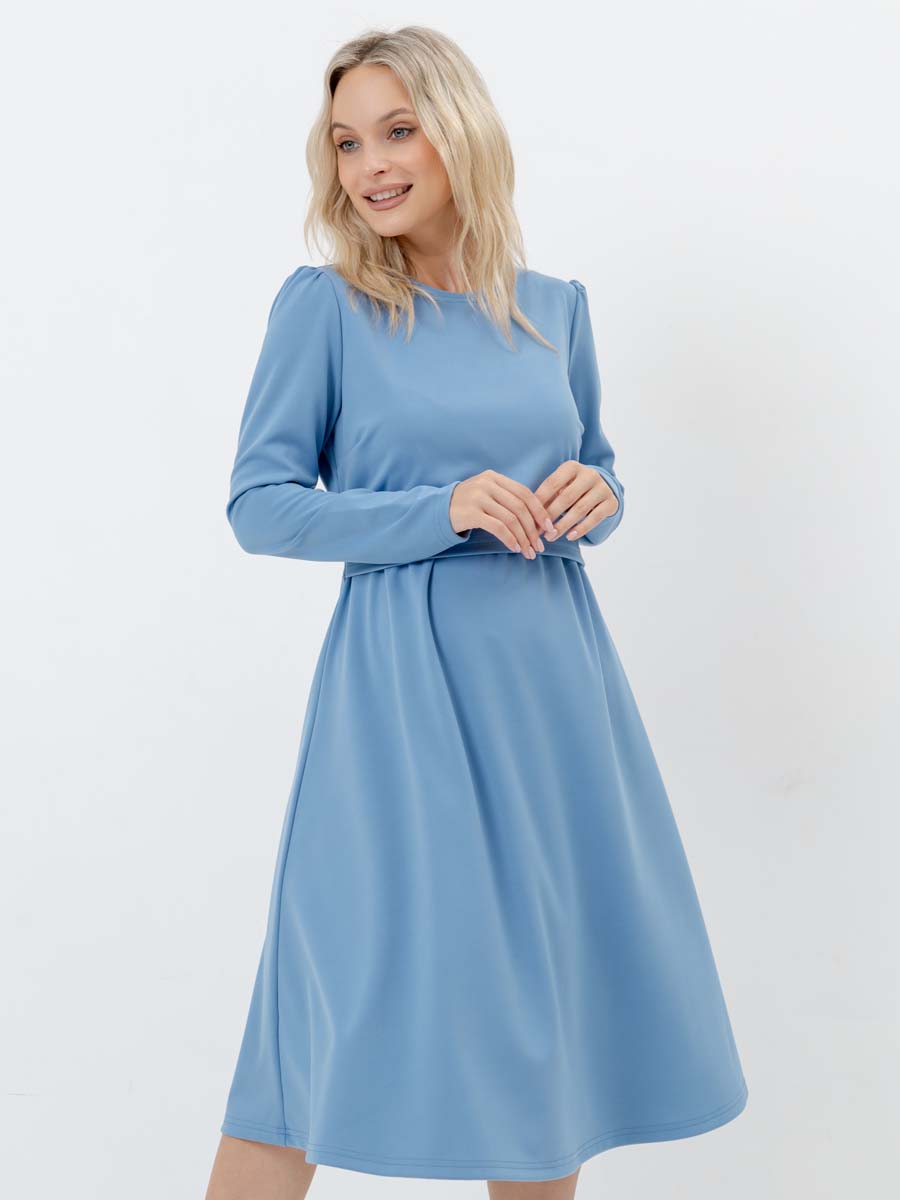 Платье для беременных и кормящих с длинным рукавом в офис голубой