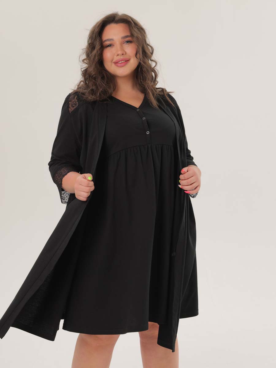 Комплект халат с сорочкой большие размеры костюм в роддом черный