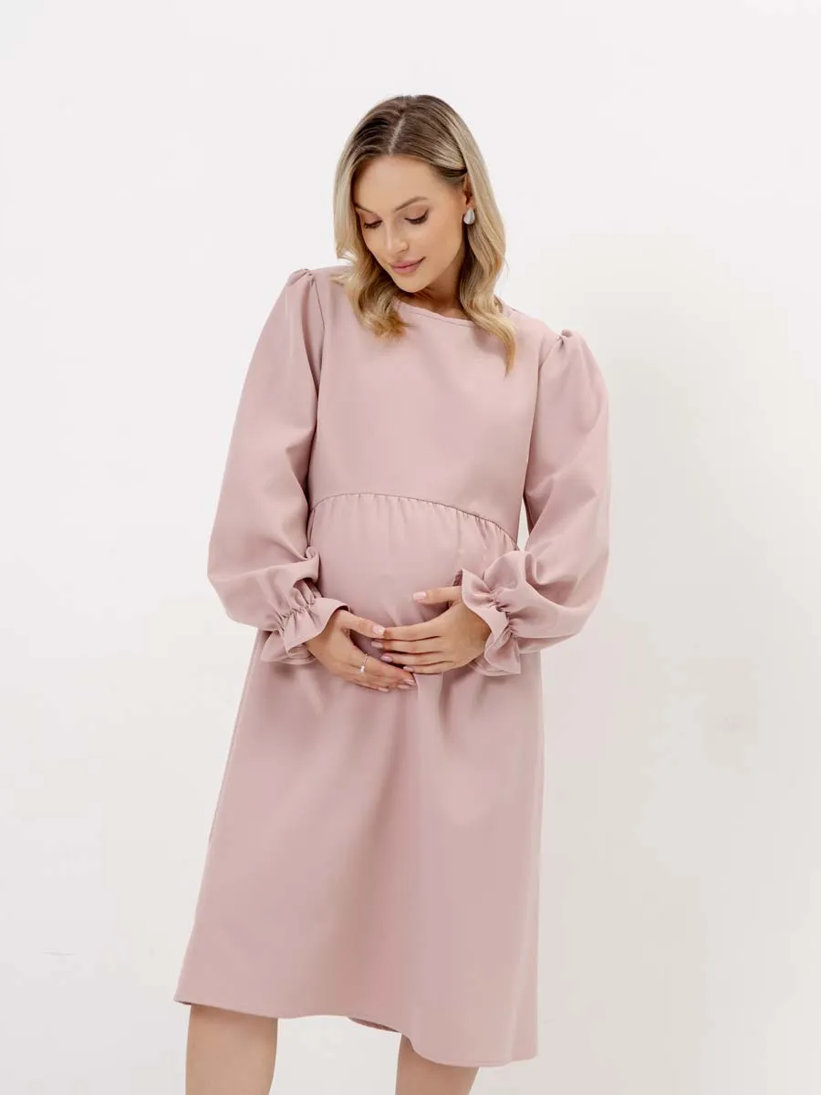Платье для беременных с длинным рукавом в офис пудровый