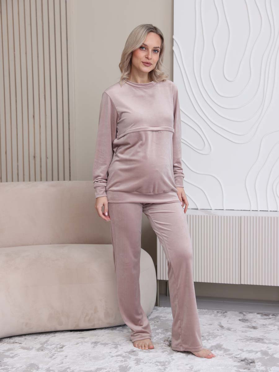 Костюм велюровый с брюками палаццо для беременных бежевый/пудровый