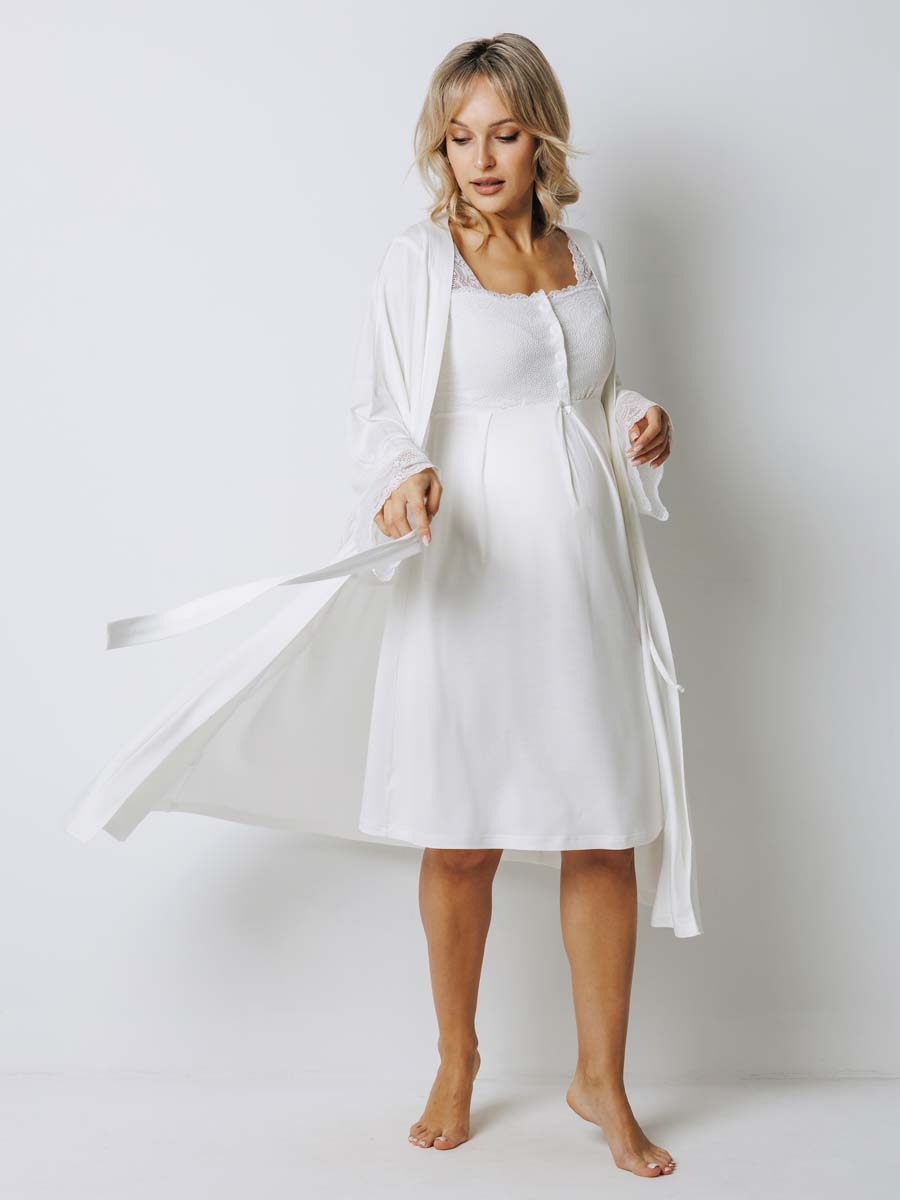 Костюм кружевной халат с сорочкой для беременных 27932 молочный