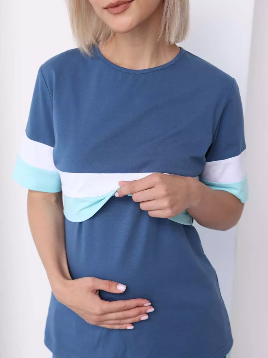 Комплект футболка брюки для беременных и кормящих 13828 синий/белый/ментоловый