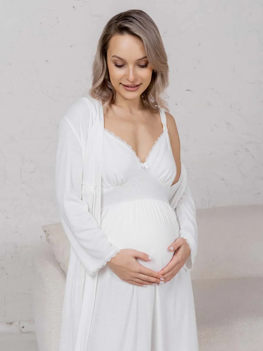 Халат с сорочкой для беременных и кормящих молочный