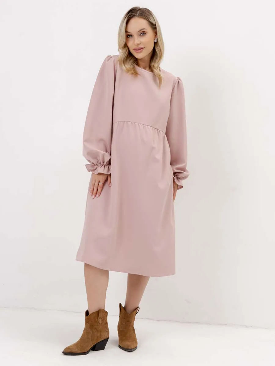 Платье для беременных с длинным рукавом в офис пудровый
