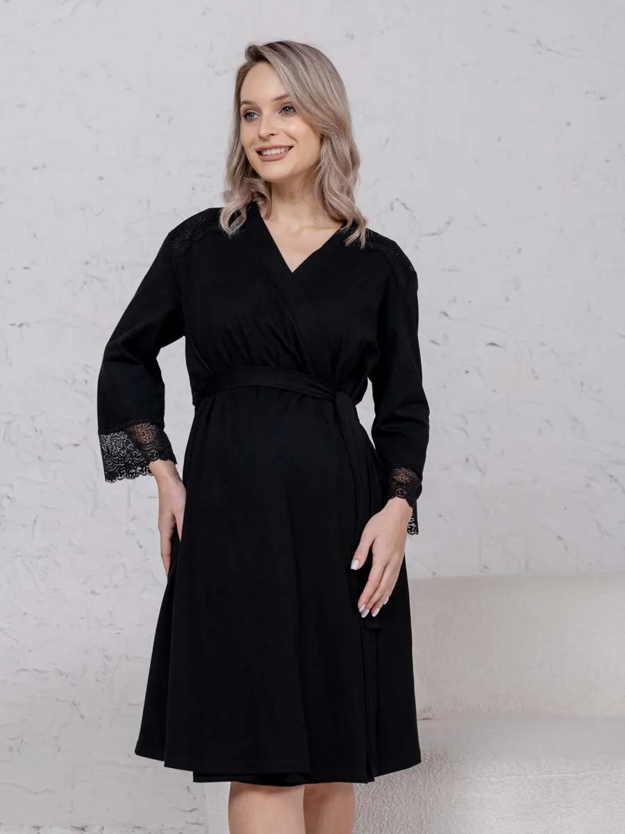 Халат с сорочкой для беременных и кормящих в роддом 21120 черный