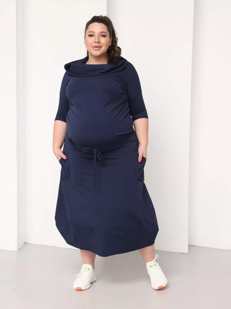 Платье для беременных длинное повседневное в офис plus size синий