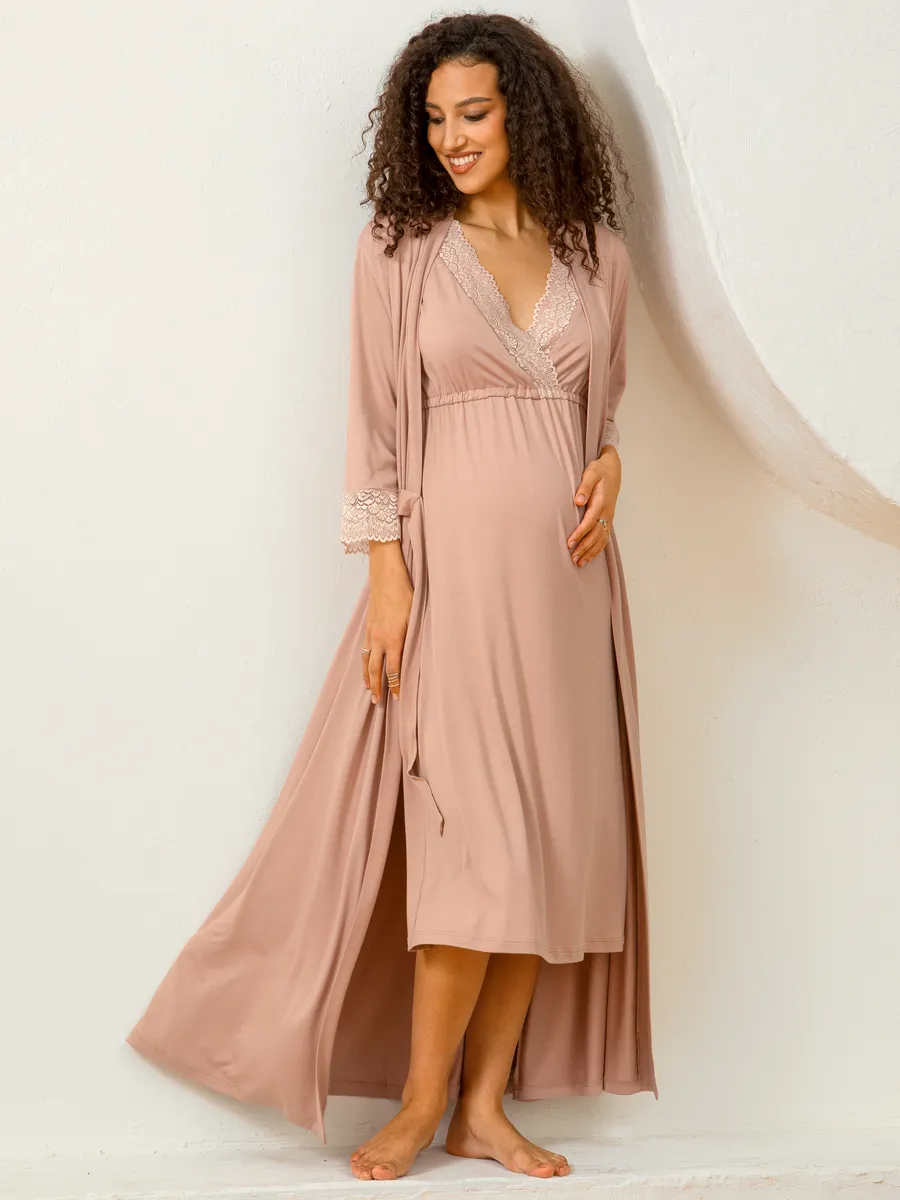 Костюм для беременных халат и сорочка в роддом для кормящих бежевый