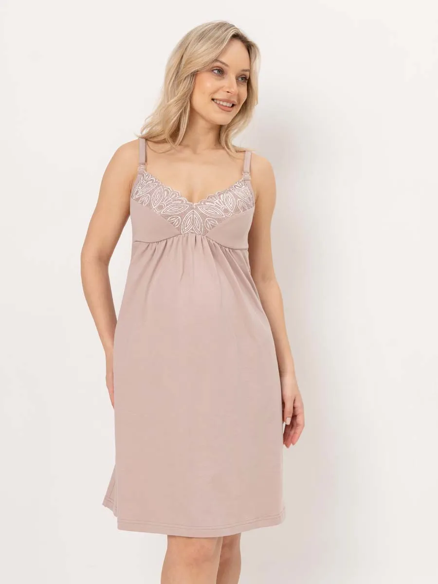 Костюм кружевной халат с сорочкой для беременных бежевый