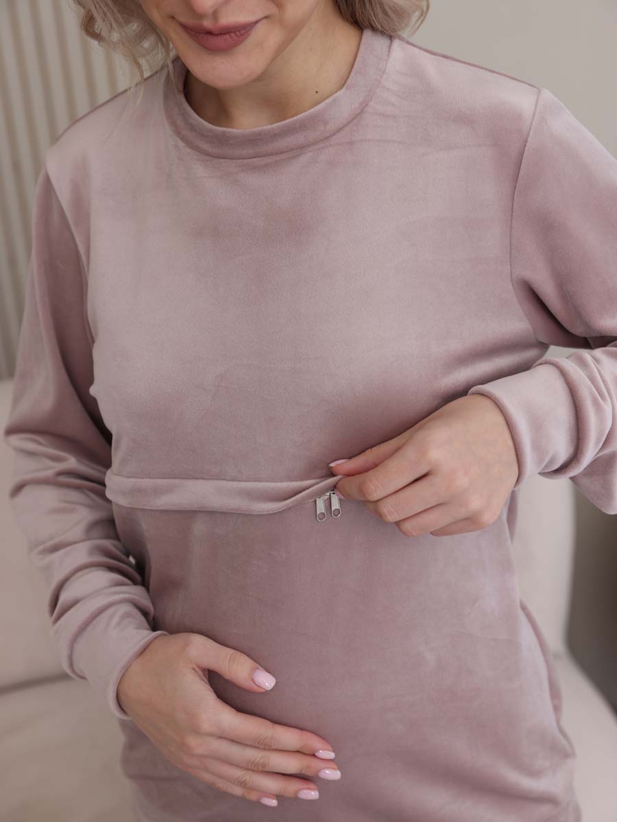 Костюм велюровый с брюками палаццо для беременных бежевый/пудровый