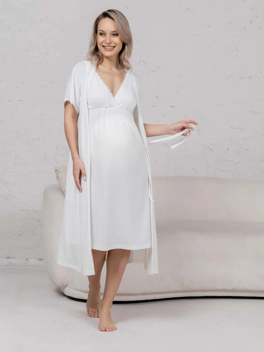 Халат с сорочкой для беременных и кормящих молочный