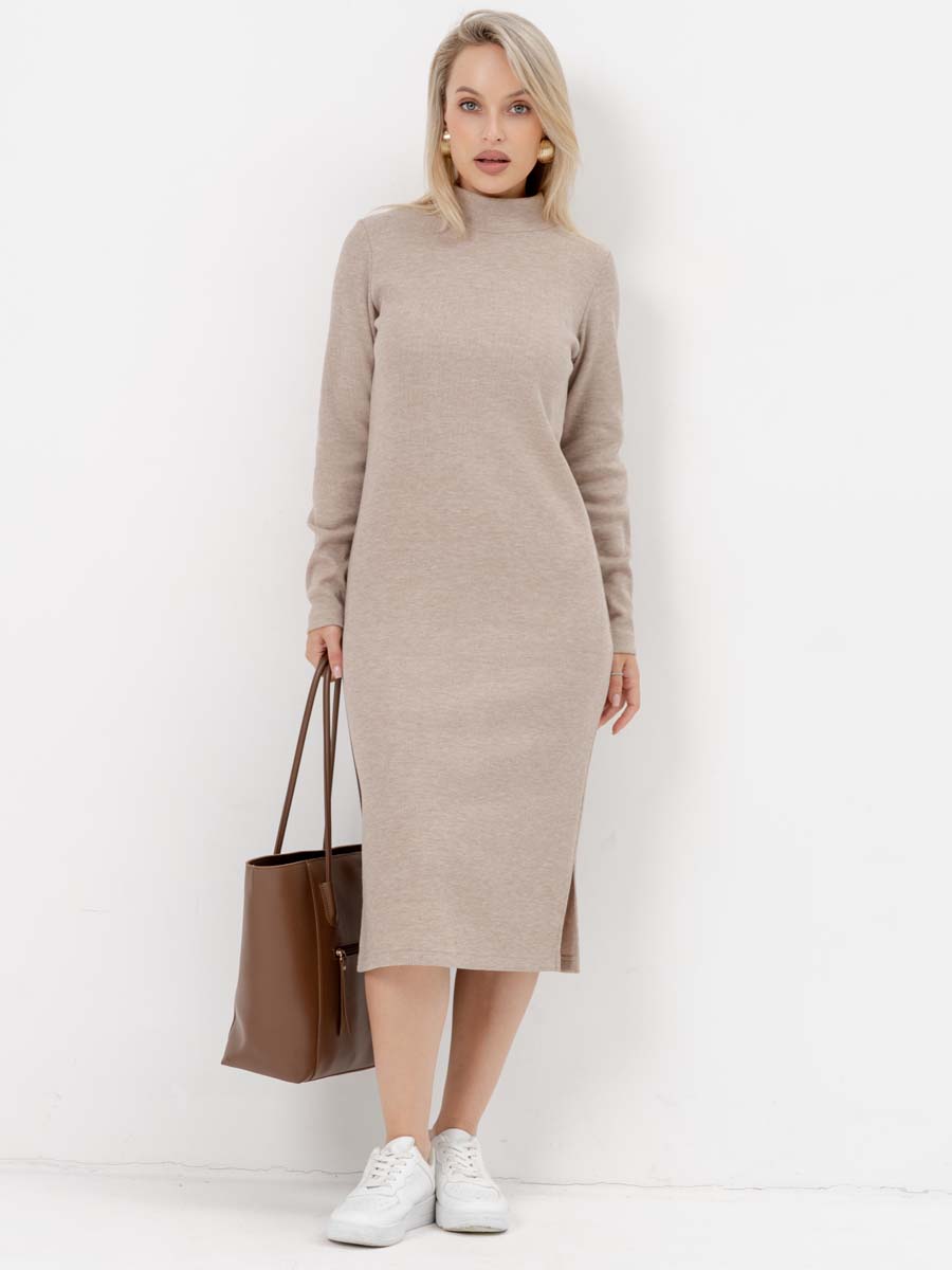 Платье для беременных с длинным рукавом осеннее в офис бежевый