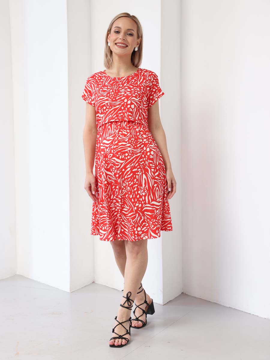 Платье для беременных и кормящих 62009 в офис красный/белый