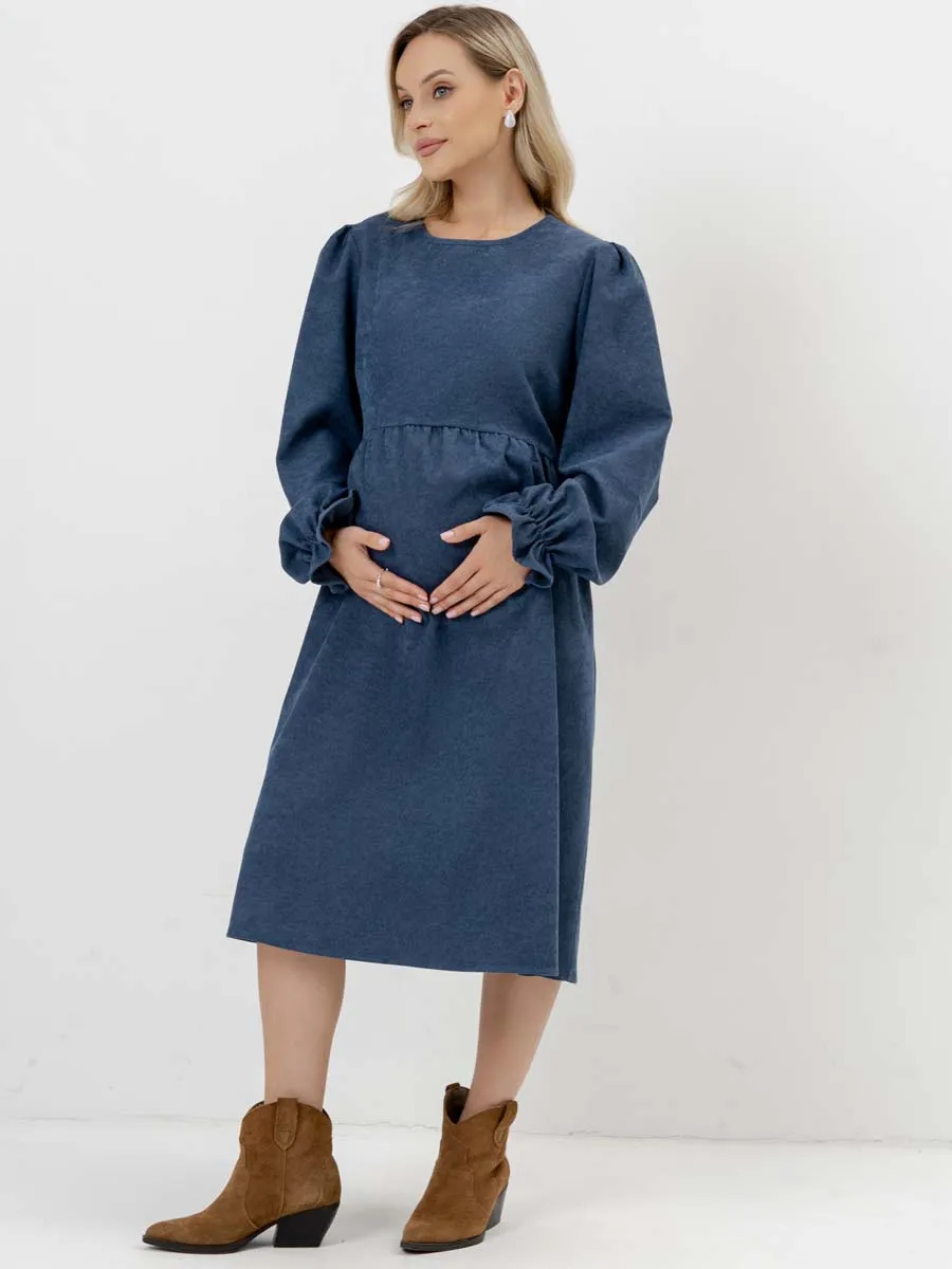 Платье для беременных с длинным рукавом вельветовое в офис сине-серый