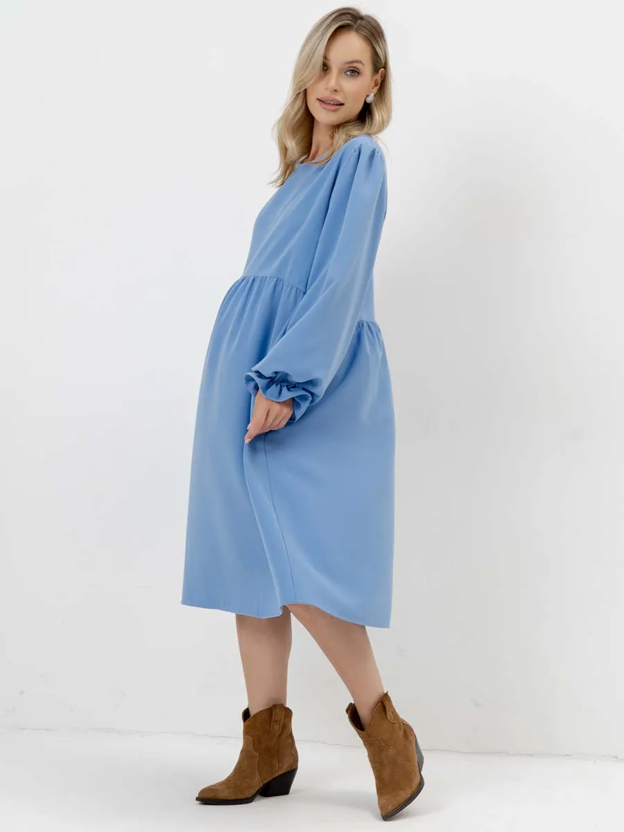 Платье для беременных с длинным рукавом в офис голубой темный