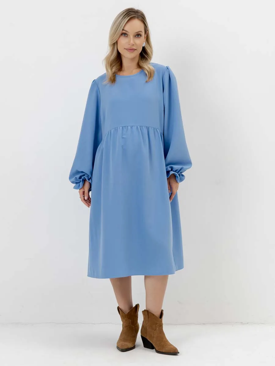 Платье для беременных с длинным рукавом в офис голубой темный