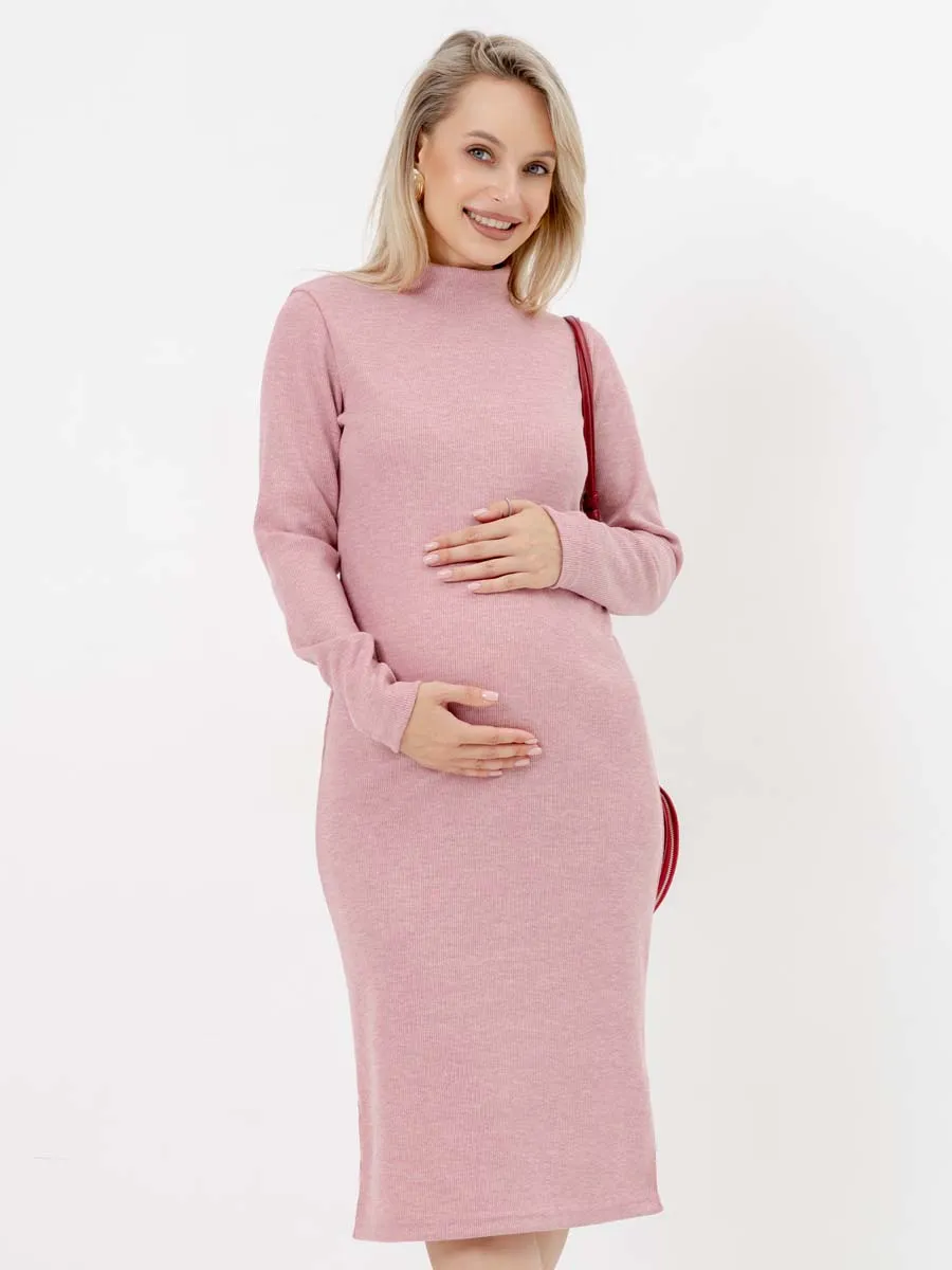 Платье для беременных с длинным рукавом осеннее в офис пудровый