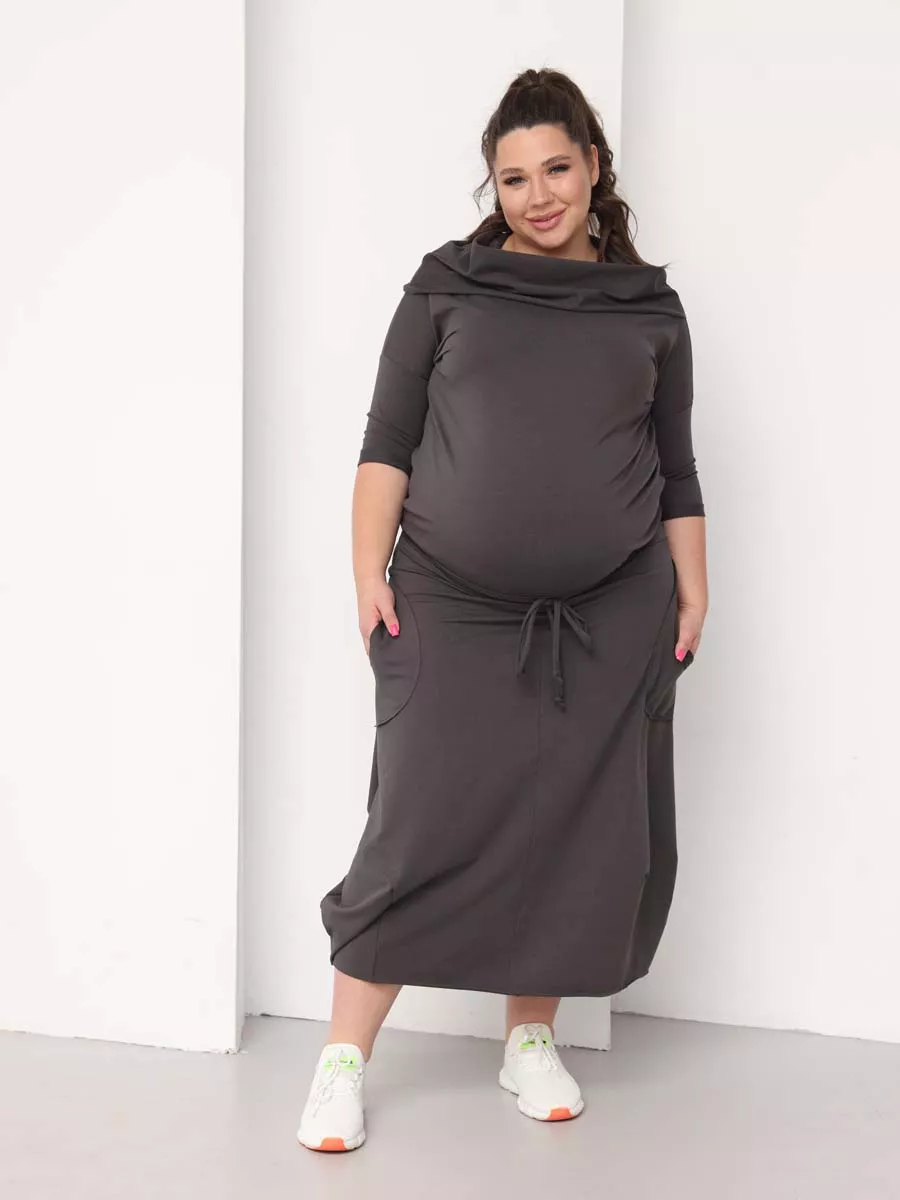Платье для беременных длинное повседневное в офис plus size антрацитовый