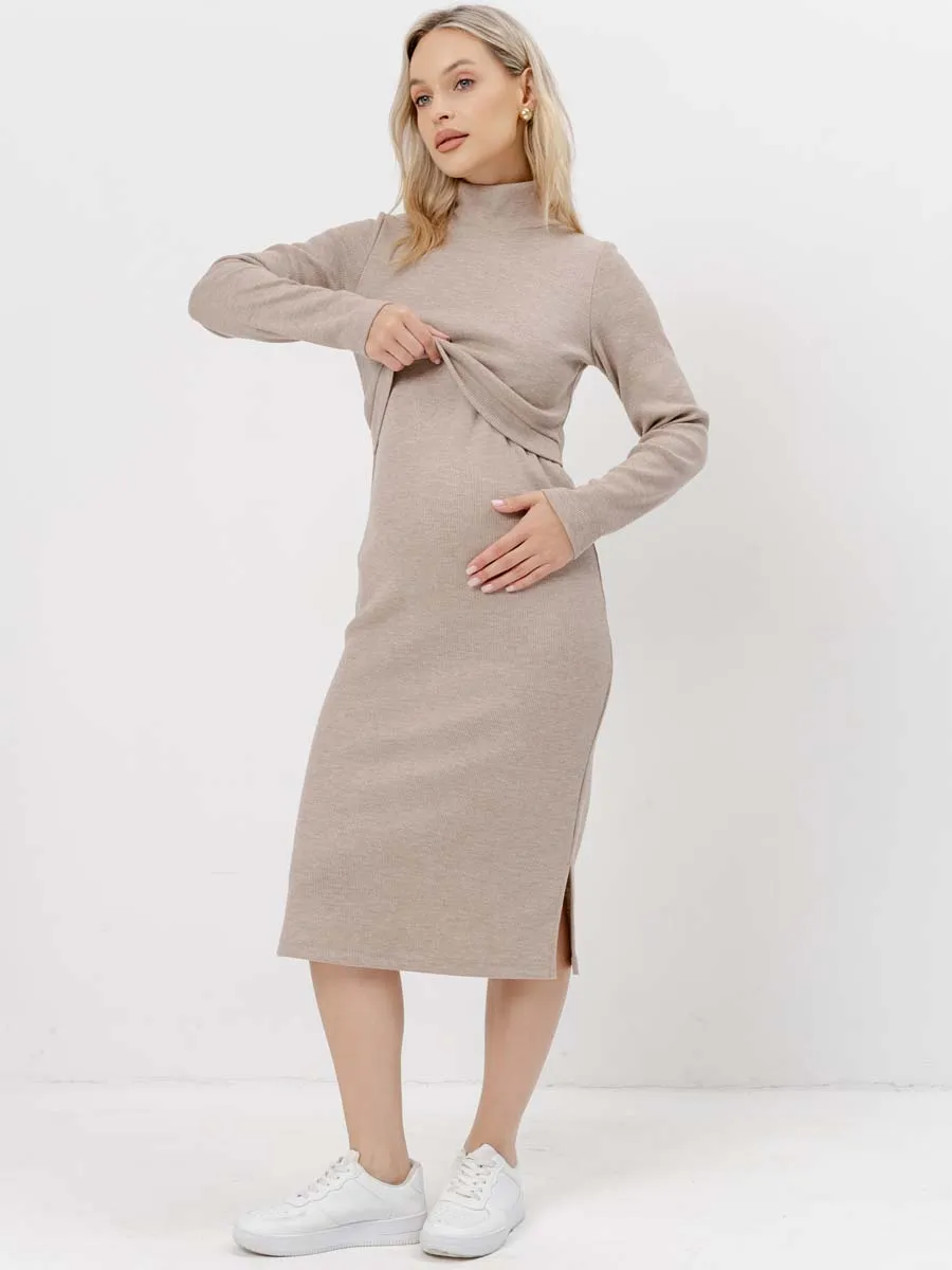 Платье вязаное для беременных и кормящих в офис 54504 бежевый