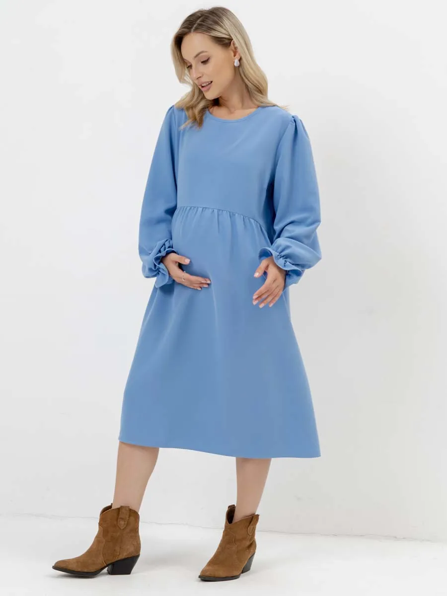 Платье для беременных с длинным рукавом в офис голубой темный