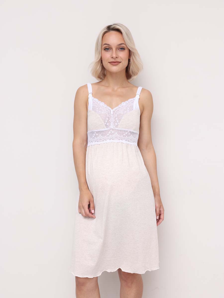 Комплект 16820 для беременных и кормящих халат с сорочкой бежевый_меланж/белый