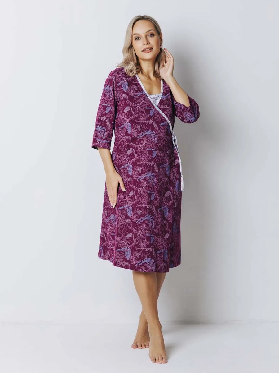 Халат с сорочкой для беременных и кормящих в роддом бордовый/белый