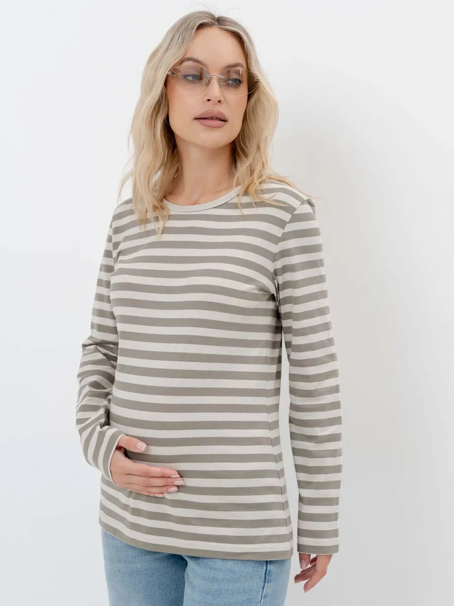 Лонгслив тельняшка с длинным рукавом для беременных хлопок хаки/серый