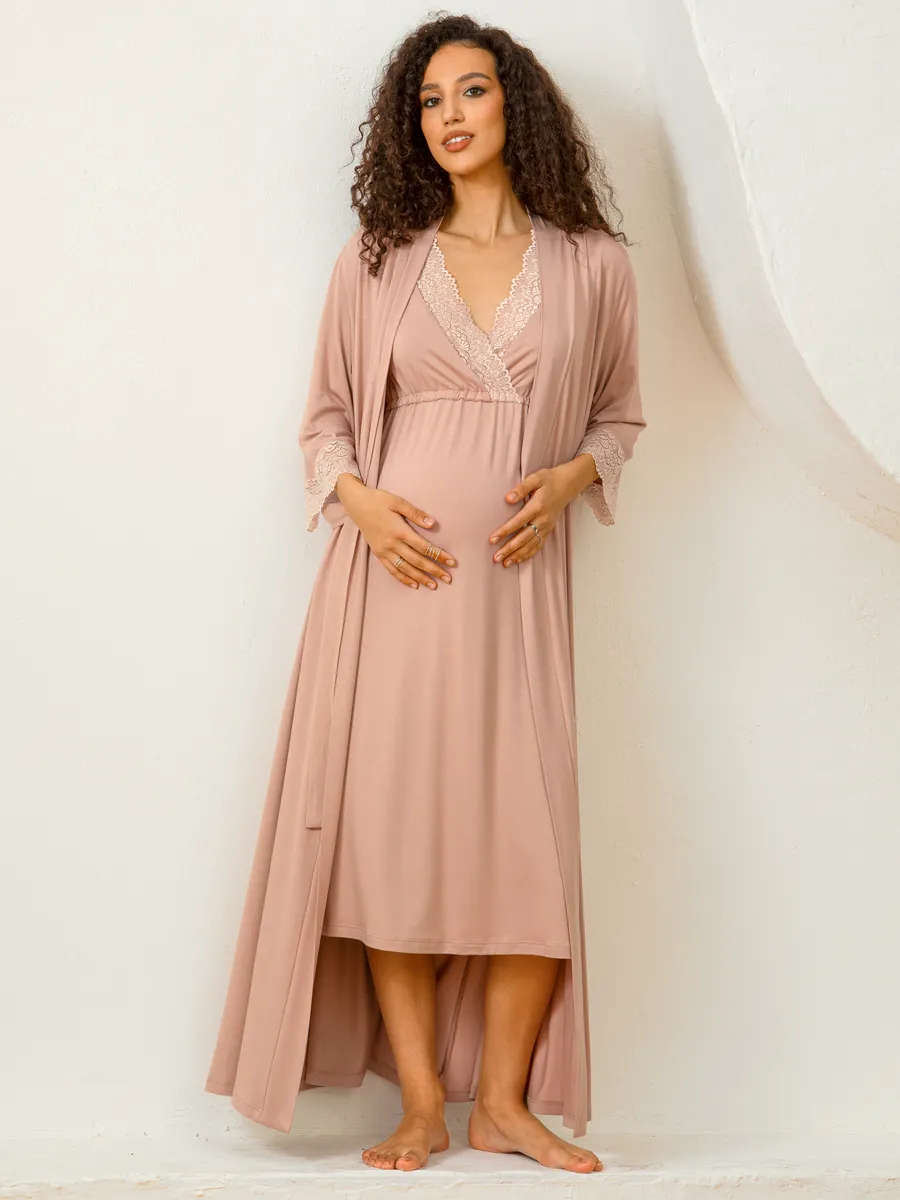 Костюм для беременных халат и сорочка в роддом для кормящих бежевый