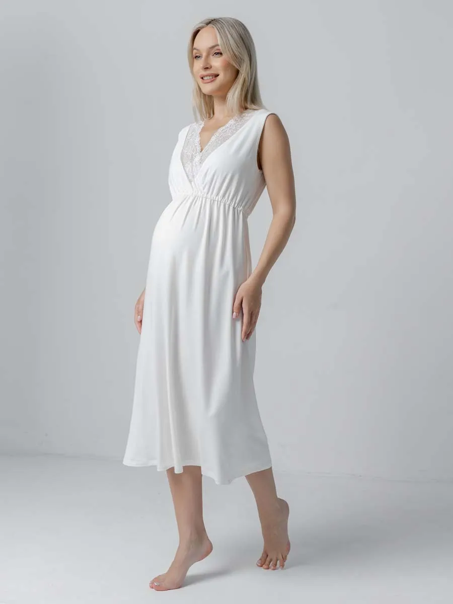 Костюм для беременных халат и сорочка в роддом для кормящих молочный