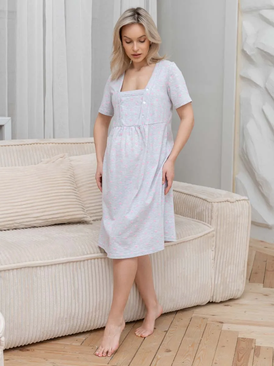 Ночная сорочка для беременных и кормящих в роддом 55701 серый меланж/розовый