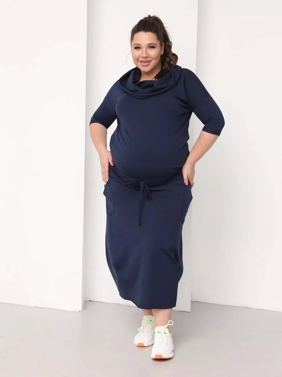 Платье для беременных длинное повседневное в офис plus size синий