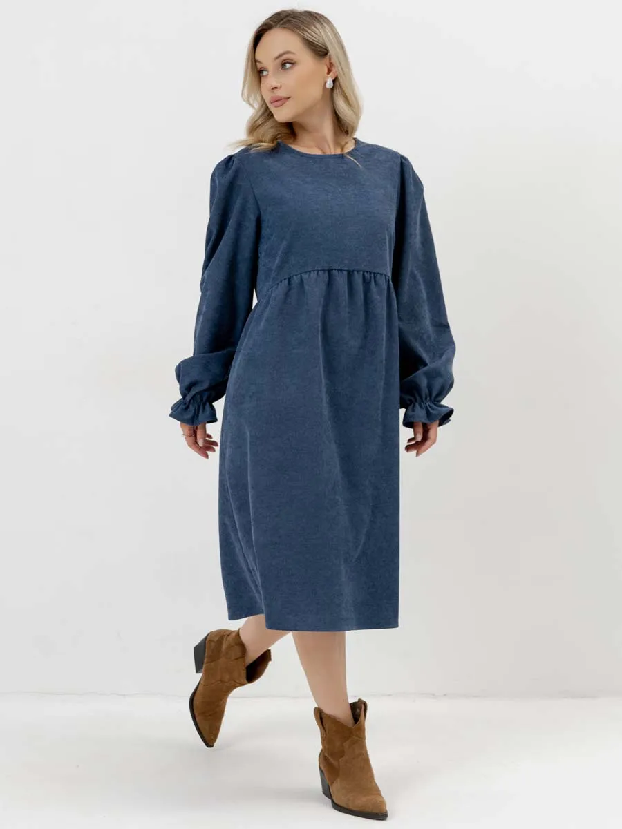 Платье для беременных с длинным рукавом вельветовое в офис сине-серый