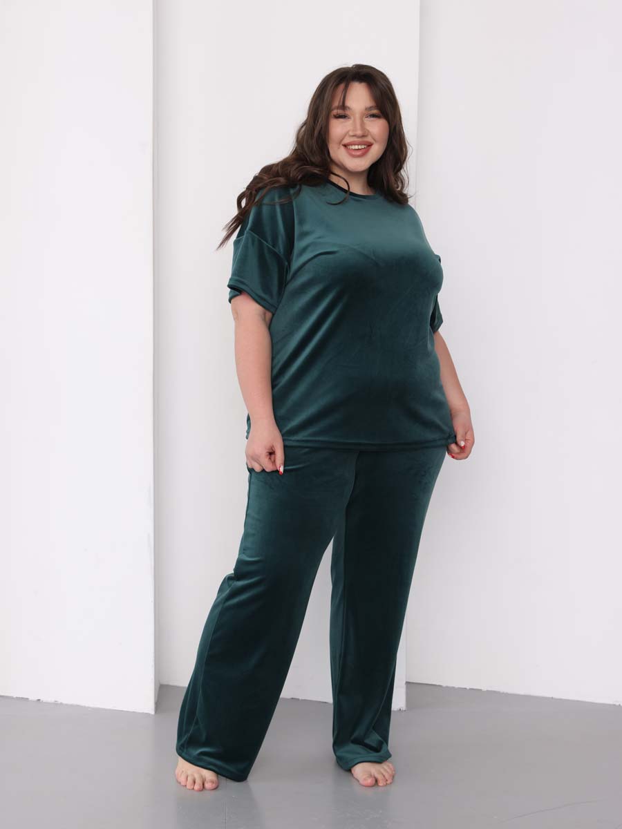 Костюм домашний женский велюровый с брюками палаццо изумрудный/зеленый