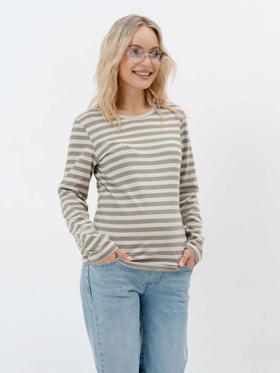 Лонгслив тельняшка с длинным рукавом для беременных хлопок хаки/серый