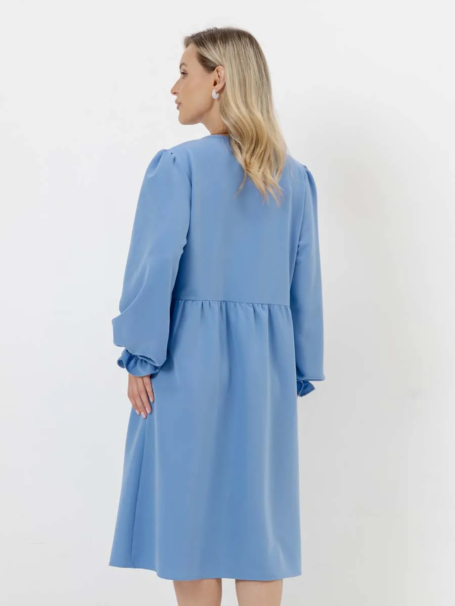 Платье для беременных с длинным рукавом в офис голубой темный
