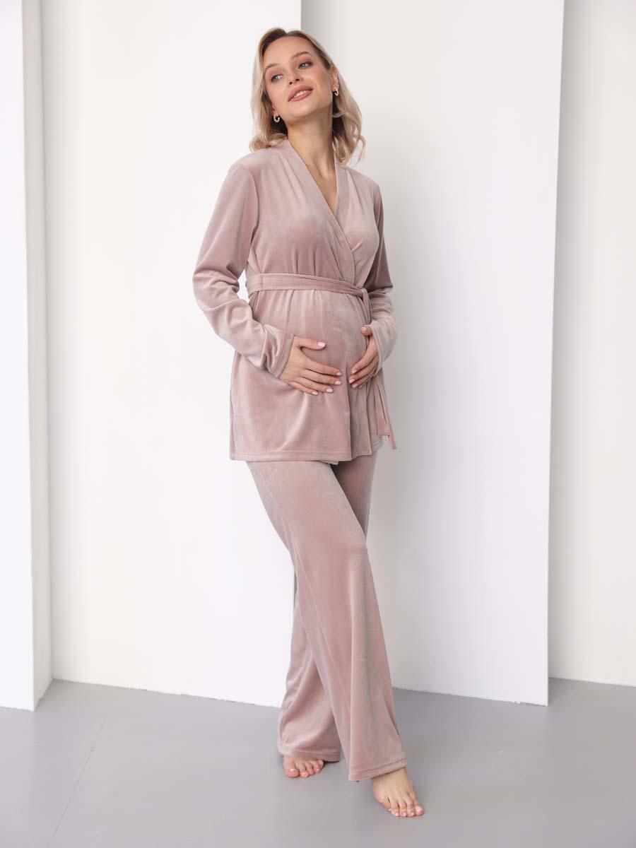 Домашний велюровый костюм с брюками осень зима бежевый/пудровый