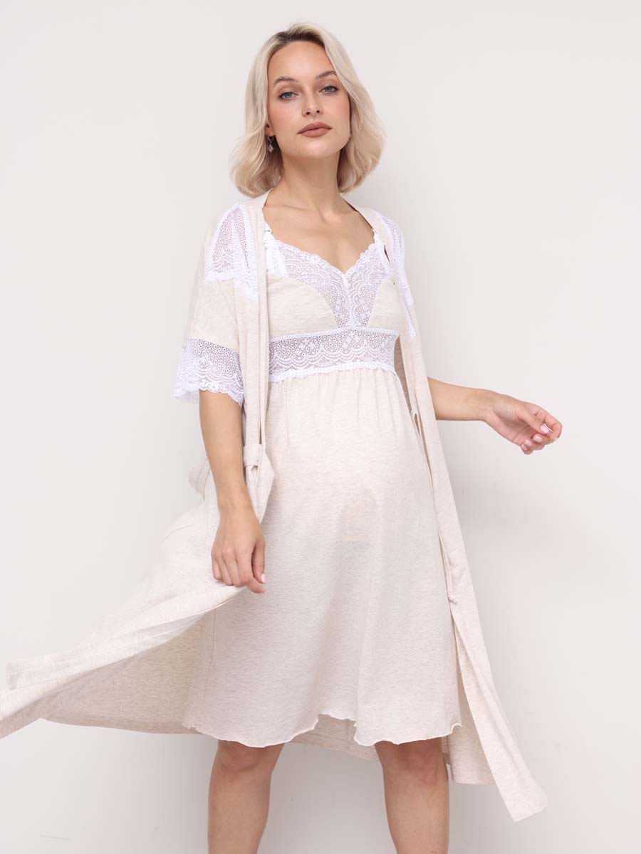 Комплект 16820 для беременных и кормящих халат с сорочкой бежевый_меланж/белый