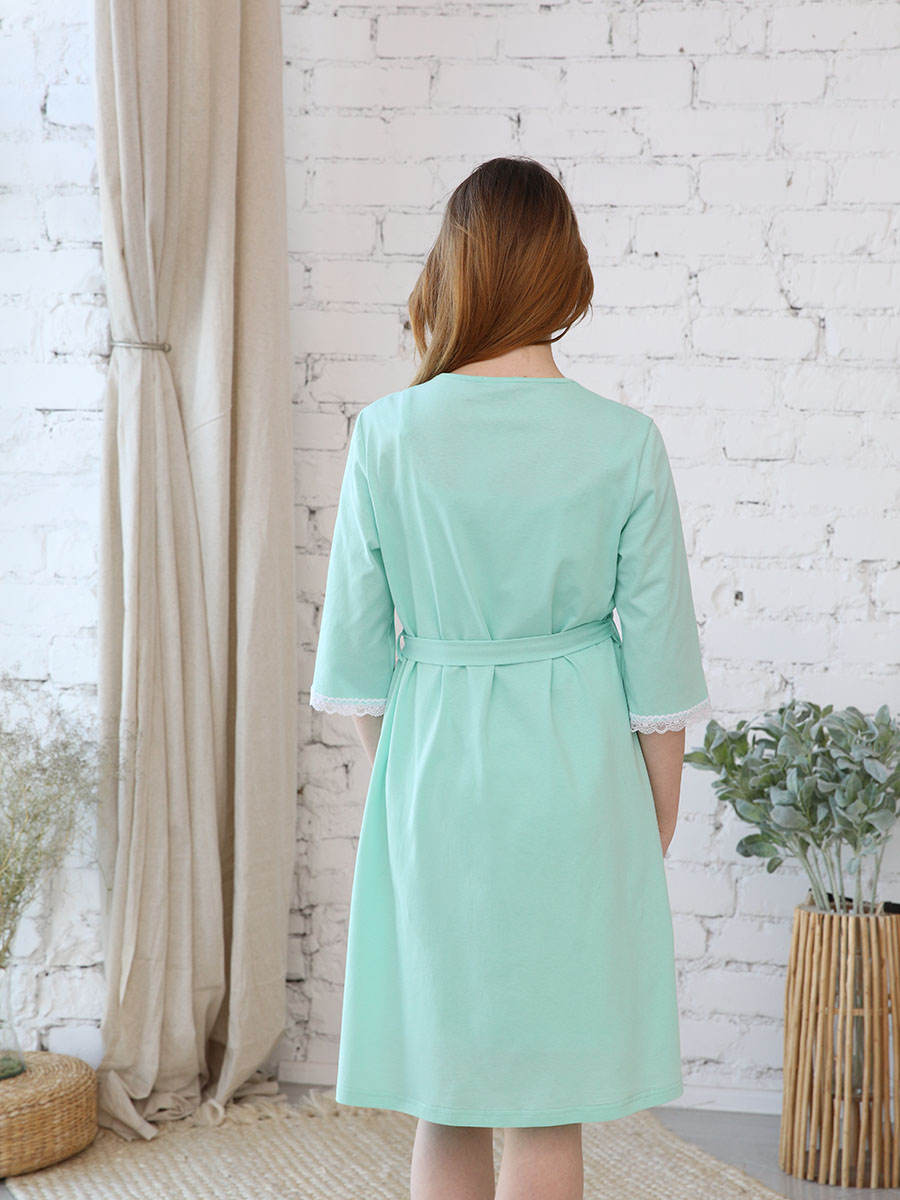 Халат с сорочкой для беременных и кормящих в роддом мятный/белый